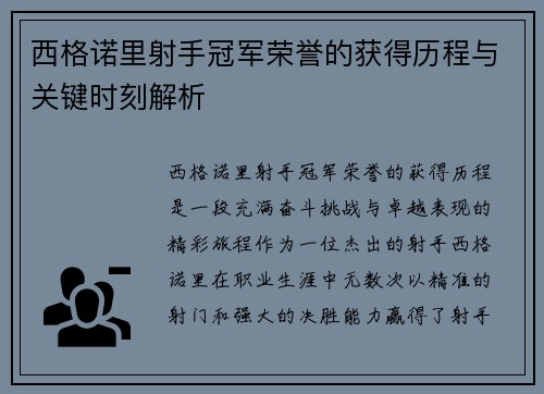 西格诺里射手冠军荣誉的获得历程与关键时刻解析
