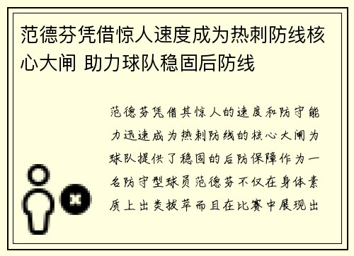 范德芬凭借惊人速度成为热刺防线核心大闸 助力球队稳固后防线 范德芬凭借惊人速度成为热刺防线核心大闸 助力球队稳固后防线