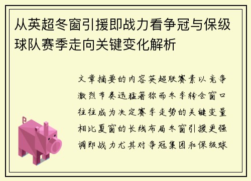 从英超冬窗引援即战力看争冠与保级球队赛季走向关键变化解析