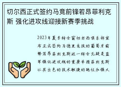 切尔西正式签约马竞前锋若昂菲利克斯 强化进攻线迎接新赛季挑战